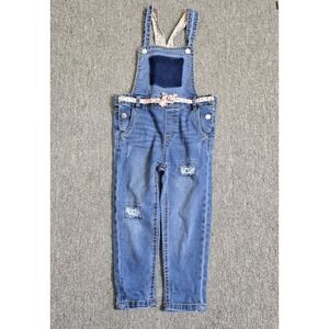 7 For All Mankind Girls Distressed Denim Overalls Floral Belt  Size 4T